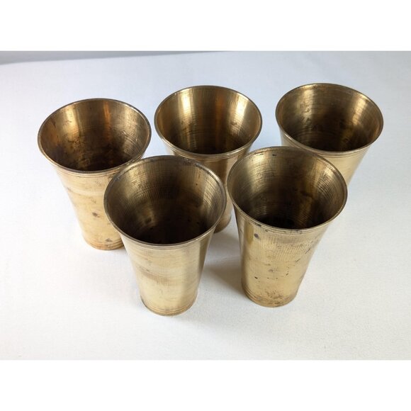Vintage set of 5 solid brass Lassi cups, Indian brass glasses, Original Old - Picture 3 of 8